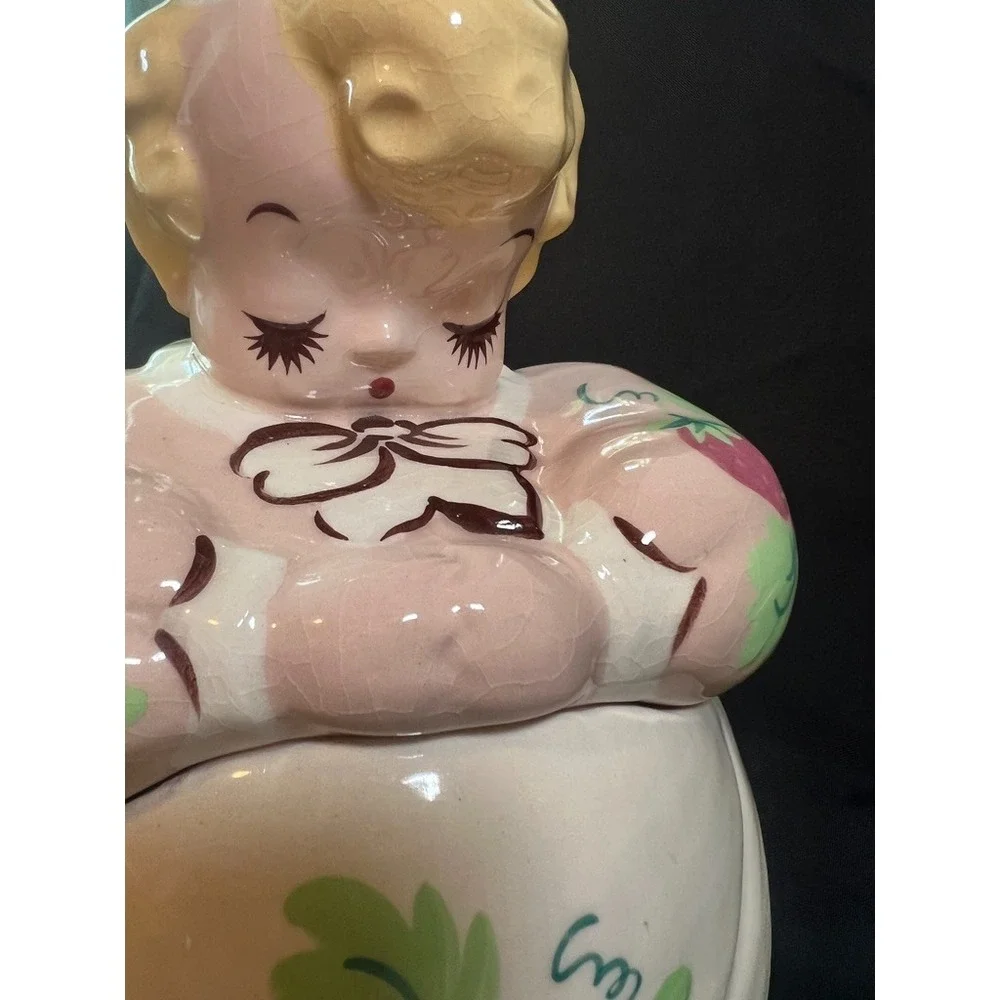 Vintage American Bisque Strawberry Girl Cookie Jar Pink Dress Hand Painted 1940s